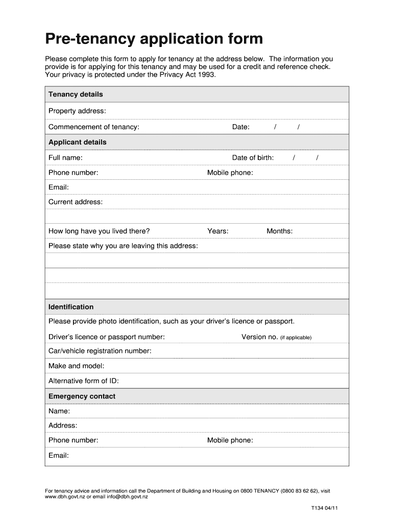  Pre Tenancy Application Form 2011-2023