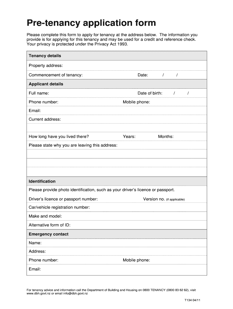  Pre Tenancy Application Form 2011-2024