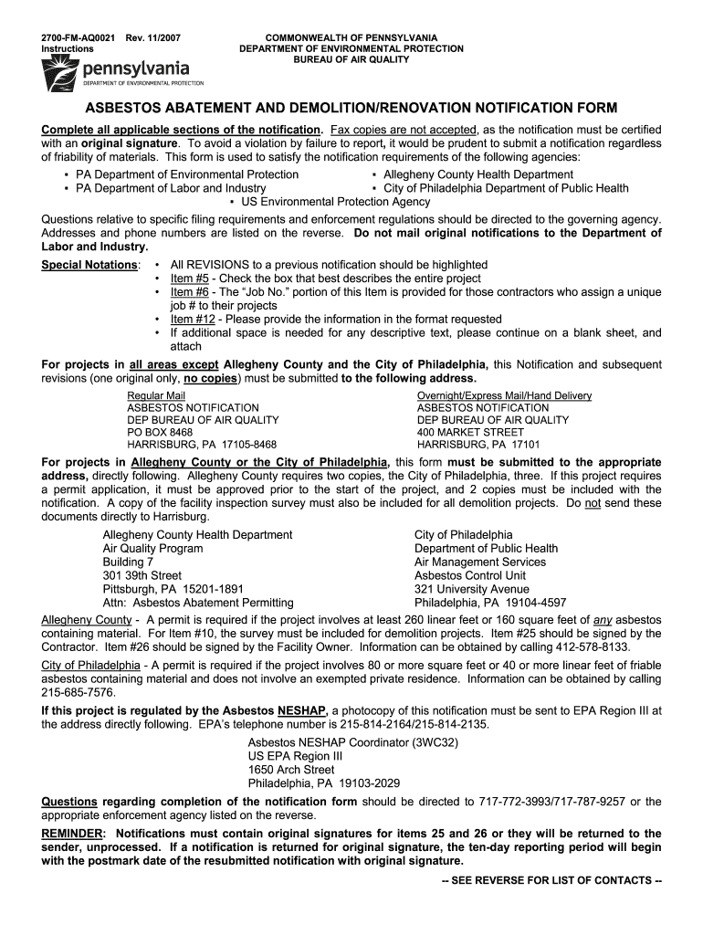  Asbestos Abatement and Demolitionrenovation Notification Form Elibrary Dep State Pa 2007-2024