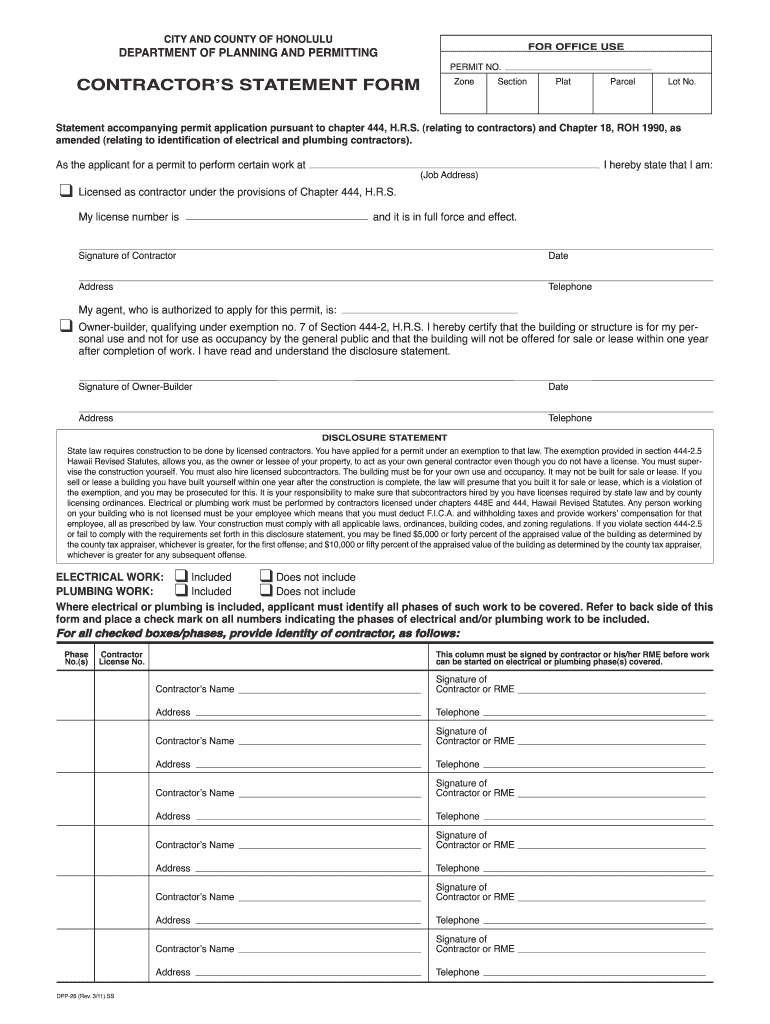  Hawaii Contractor Statement Form 2011-2024