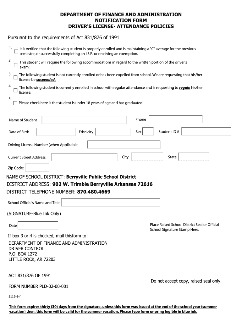 Department of Finance and Administration Notification Driver's Attendance Form for Students