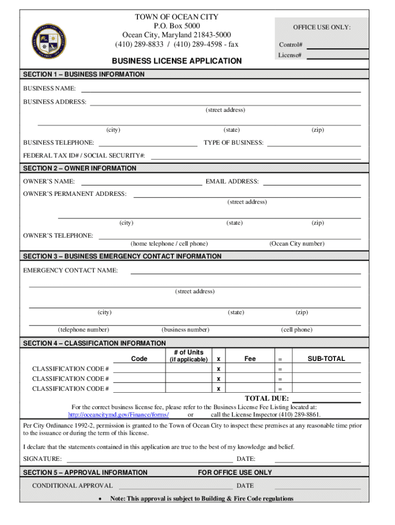  Town of Ocean City Business License 2012