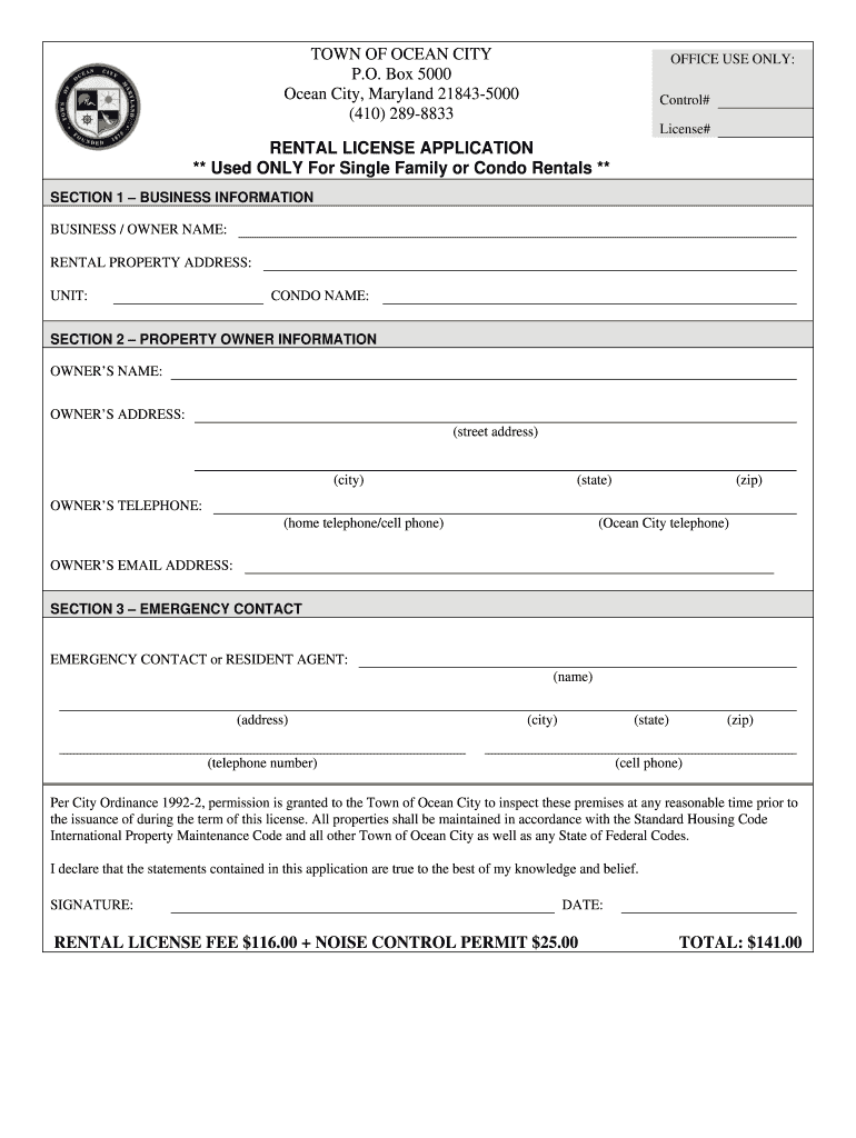 Md License Ocean City  Form