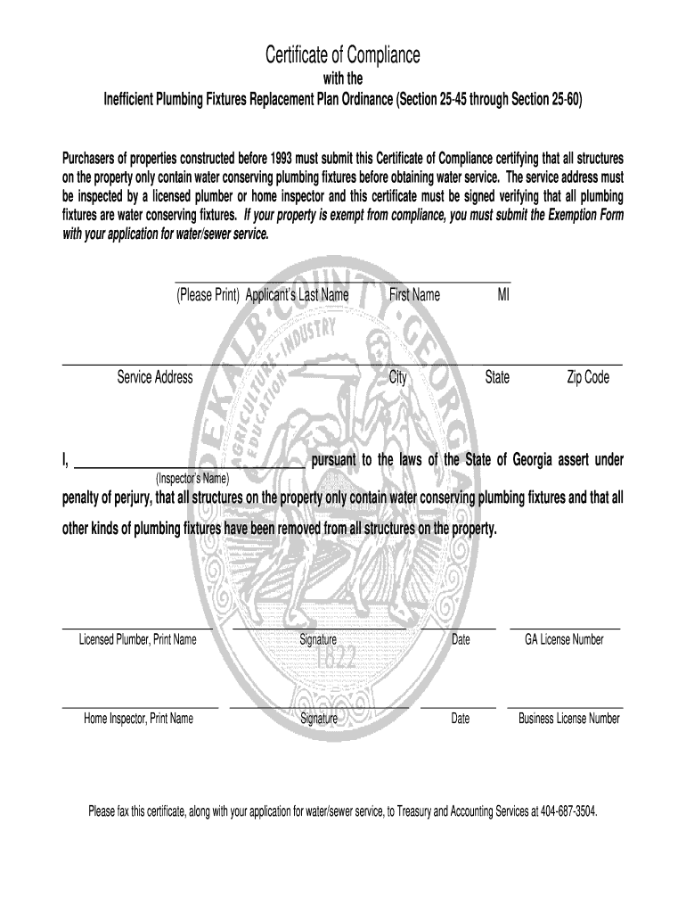 Dekalb County Water Certificate Of Compliance Form Fill Out And Sign 