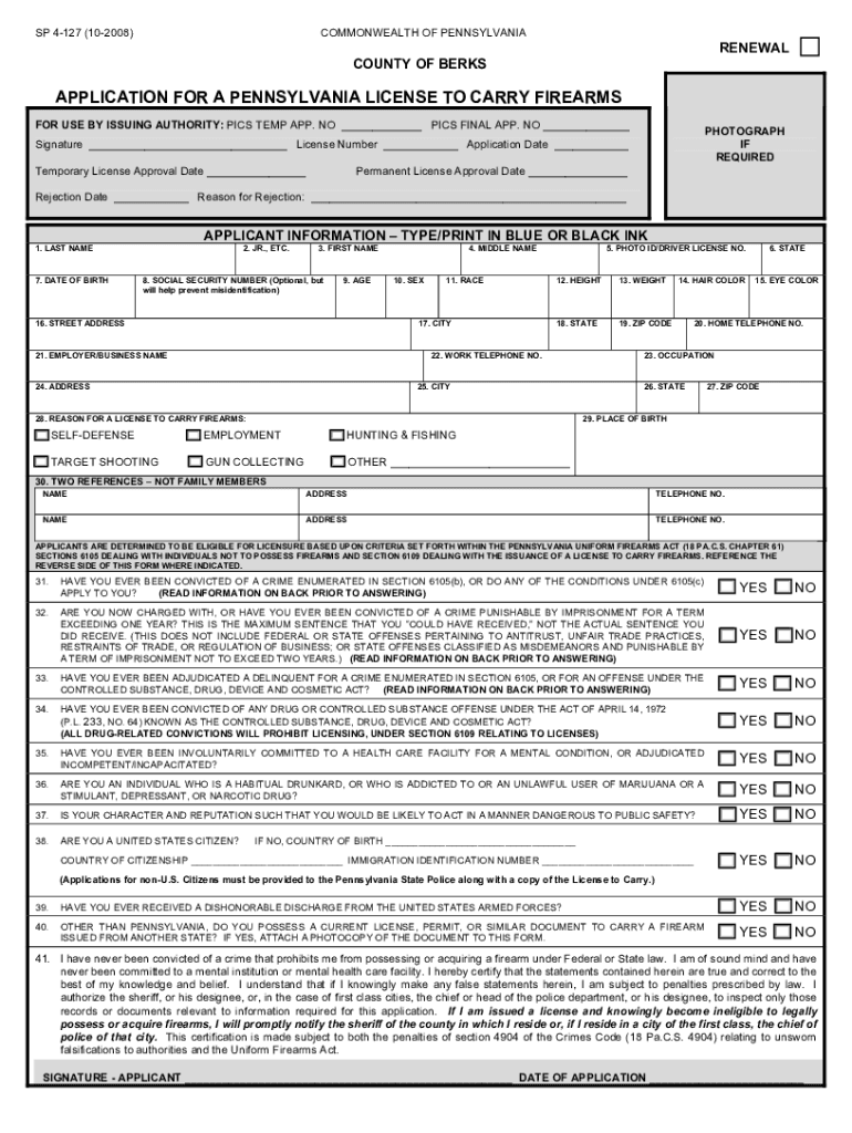  Pennsylvania License to Carry Firearms Application  Berks County  Co Berks Pa 2008