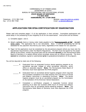 Application for Efda Certification by Examination Commonwealth of Portal State Pa  Form