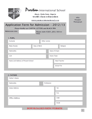 Admission Letter into Jss1  Form