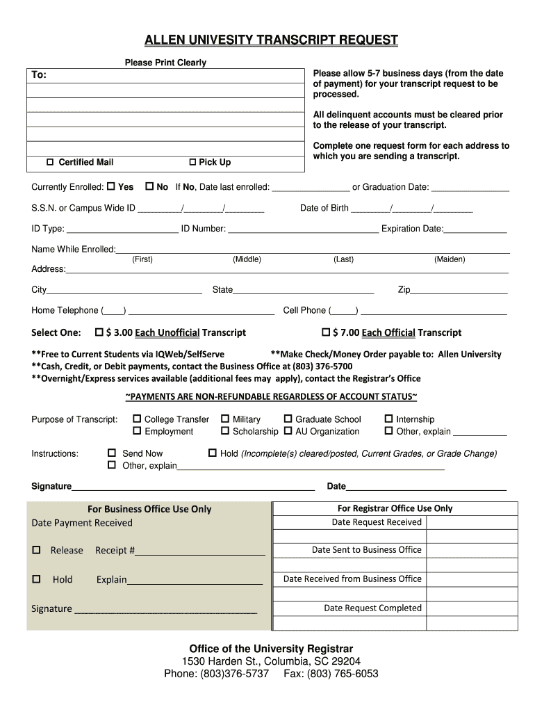 Allen University Transcript Request  Form