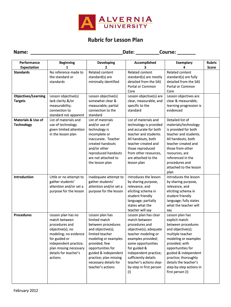 Rubric for Lesson Plan Alvernia  Form