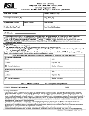 Arizona State University REQUEST for OFFICIAL TRANSCRIPT Students Asu  Form