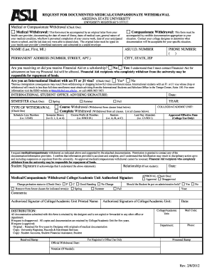 Get and Sign Request for Documented Medical Withdrawal Arizona State University Students Asu 2012 Form