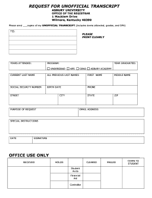 Asbury University Transcript  Form