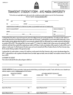 TRANSIENT STUDENT FORM AVE MARIA UNIVERSITY Avemaria