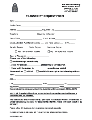 Ave Maria University Transcript Request Form