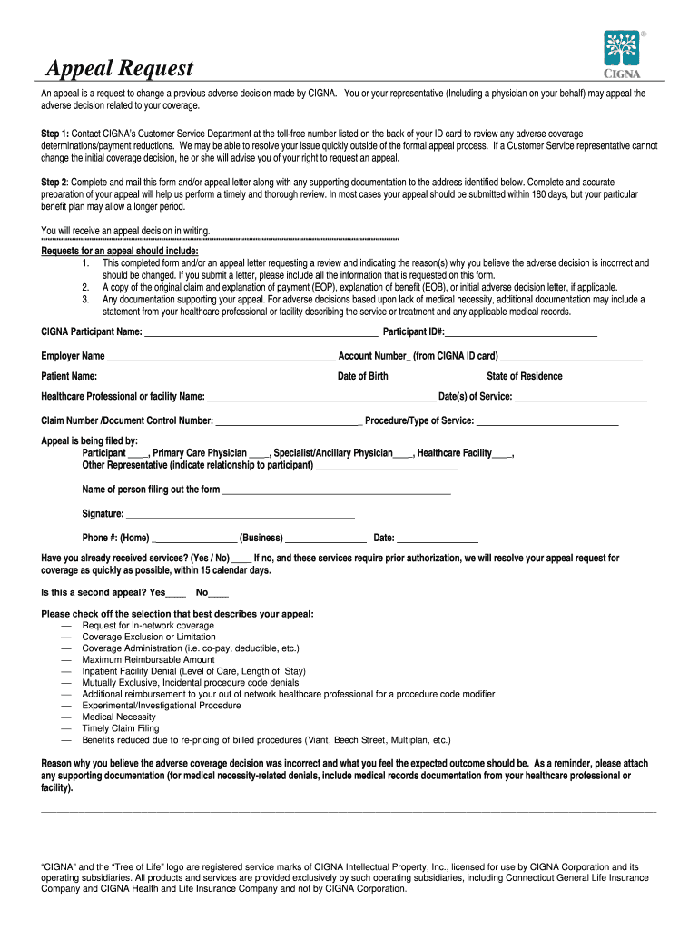 Cigna Appeal Form