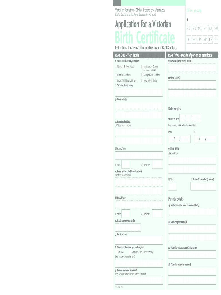  Victorian Birth Certificate Application Form 2011