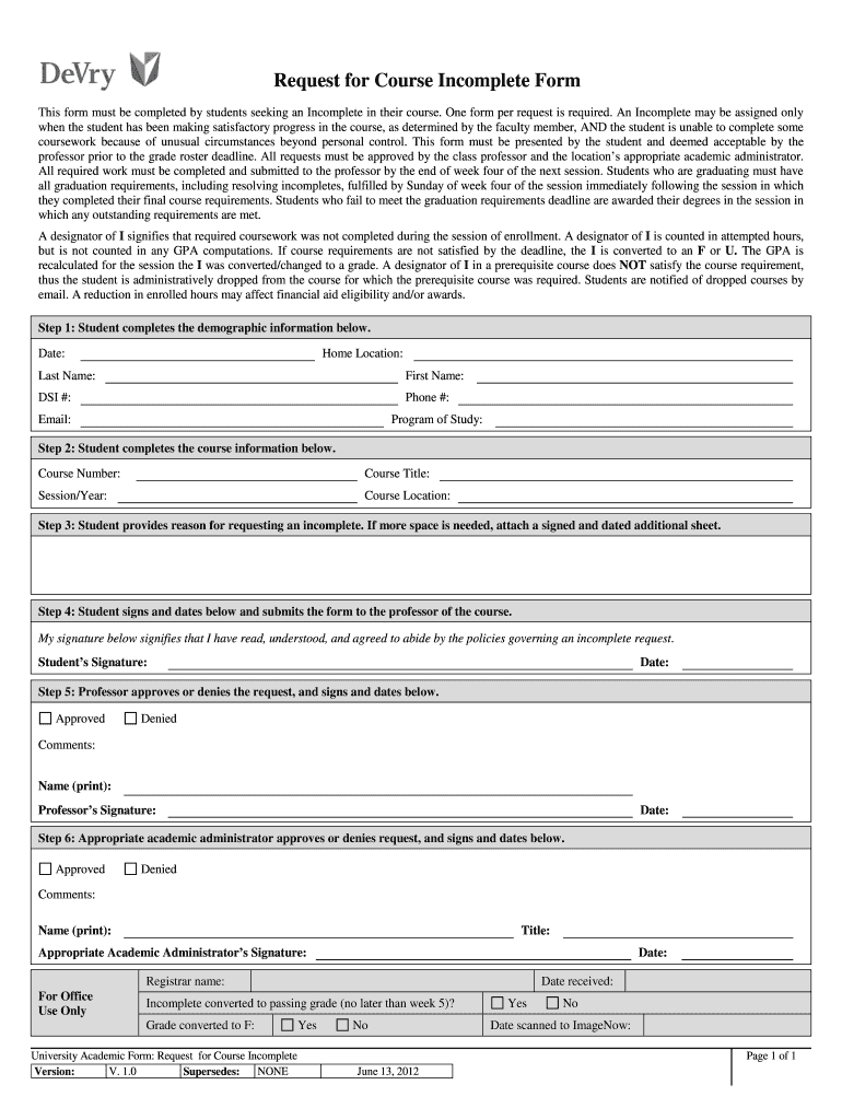 Incomplete Devry Form