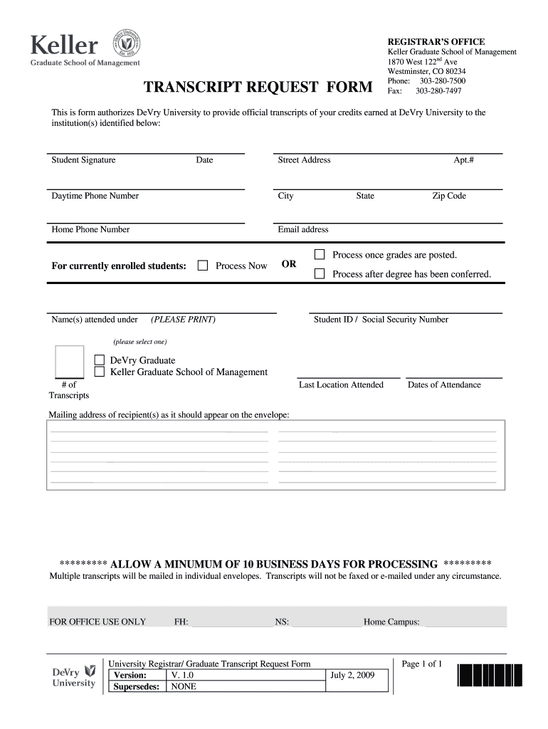 Devry Westminster Transcript Request Form 2009