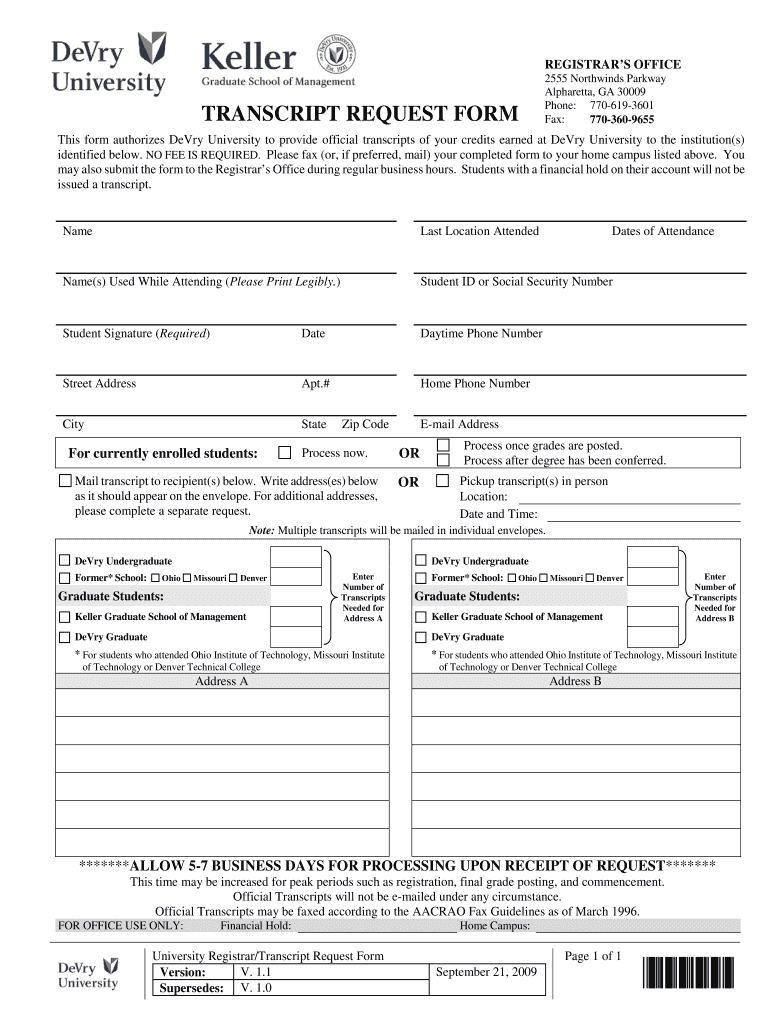 Get and Sign Devry University Transcript Request Form 2009
