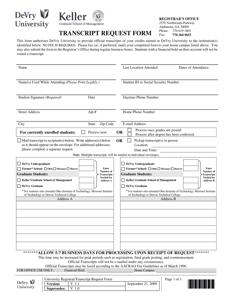  Devry University Transcript Request Form 2009