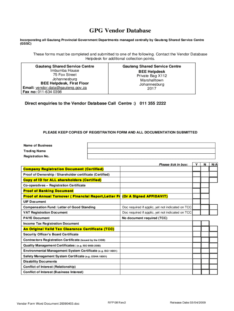 Gauteng Shared Service Centre Vendor Registration  Form