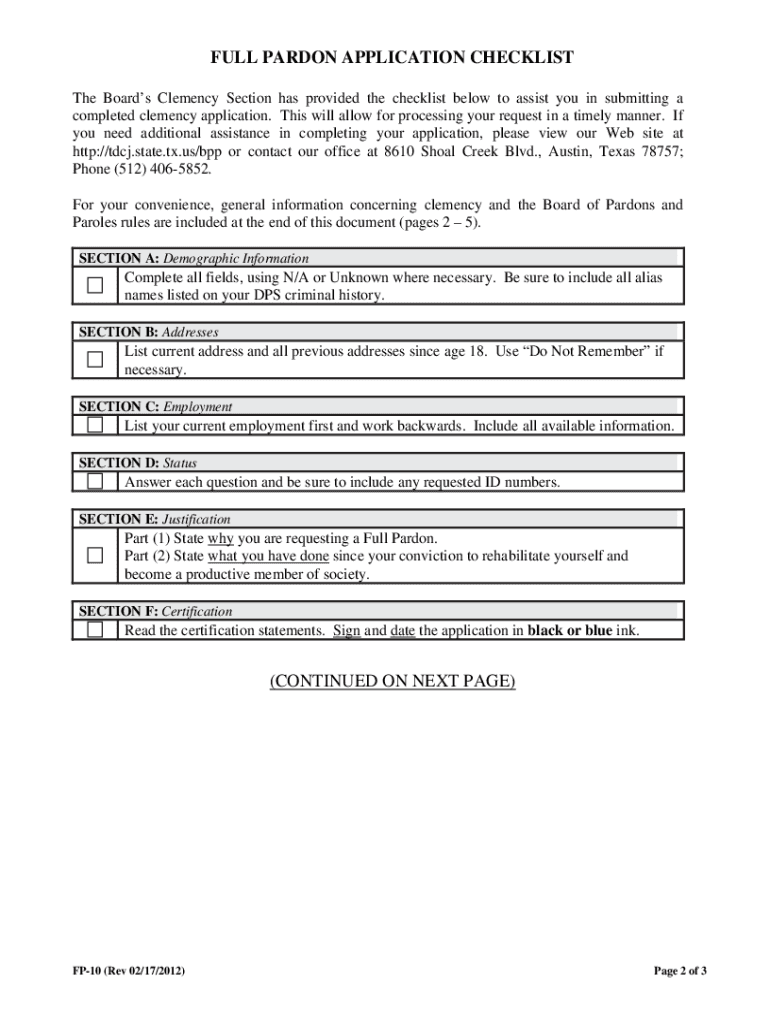  Texas Full Pardon Application 2012-2024