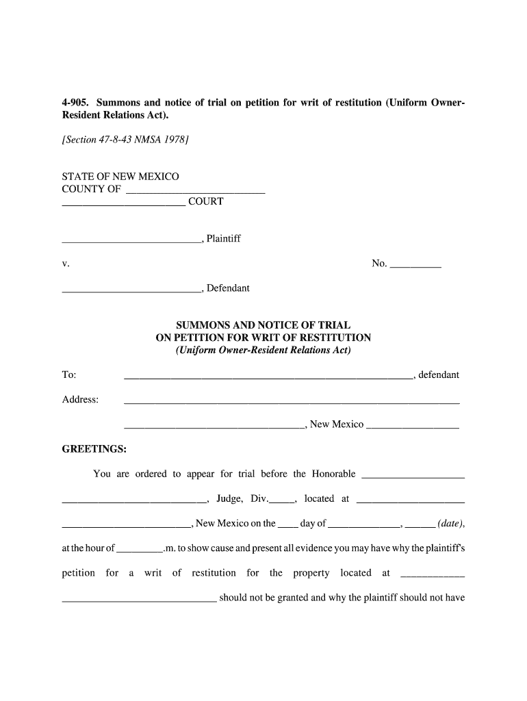 Writ of Restitution New Mexico  Form