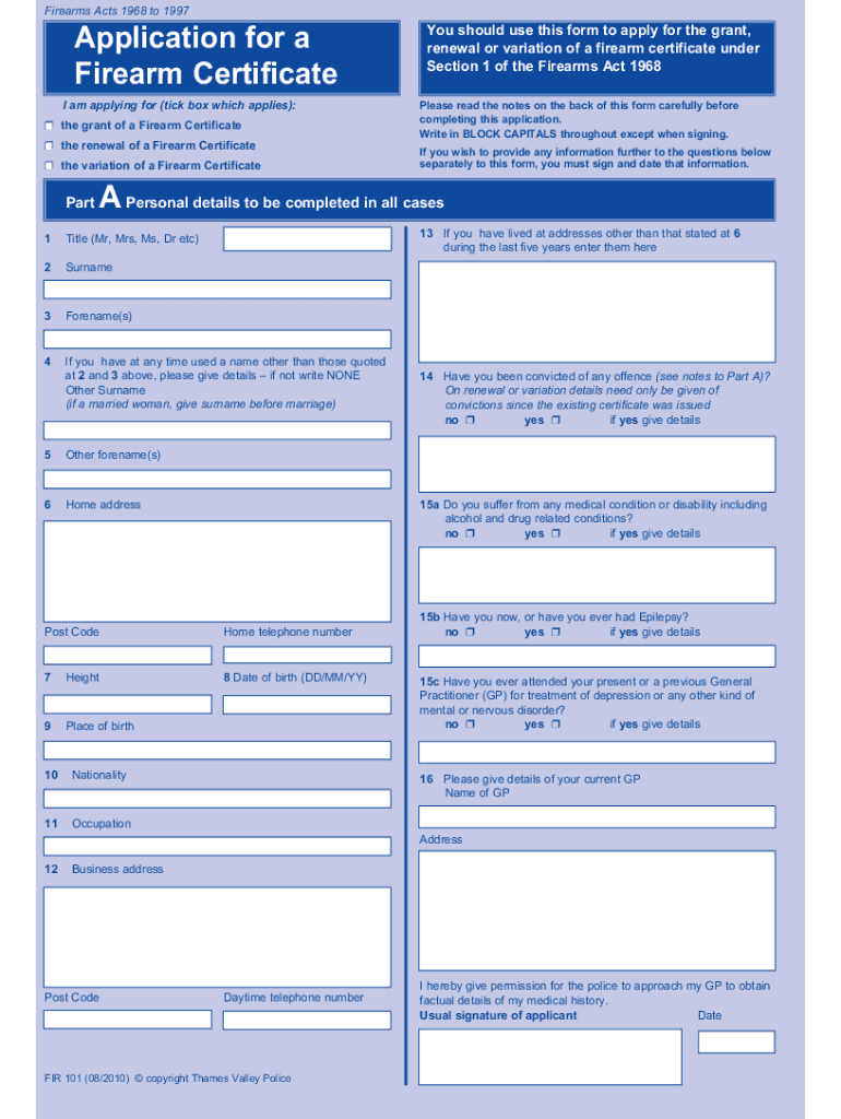 Thames Valley Police Firearms Department Change of Address  Form