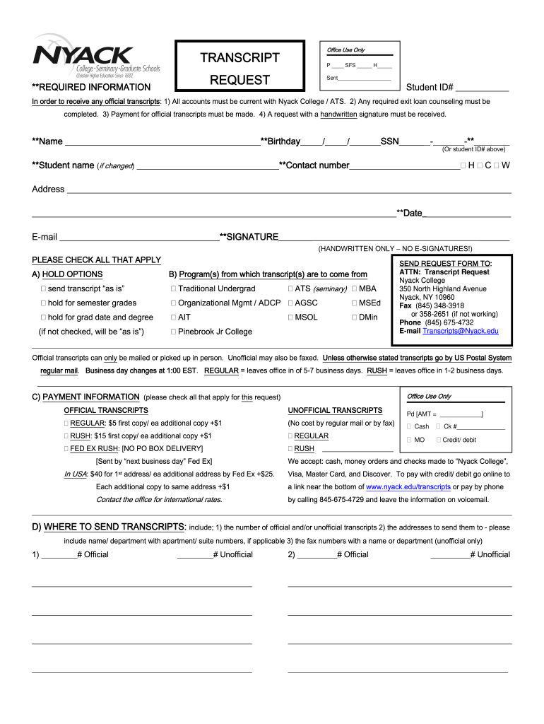 Nyack College Transcript Request  Form