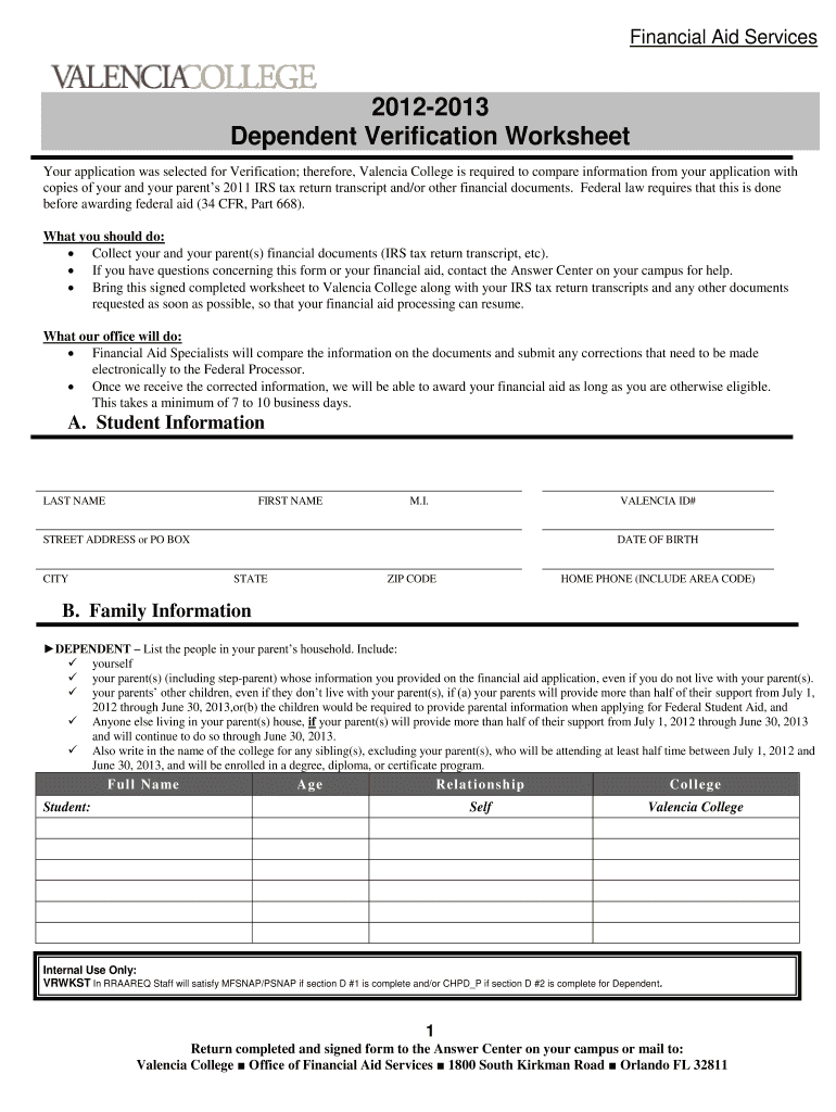  How to Complete Dependent Verification Worksheet for Valencia Form 2012