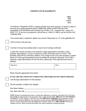 Dfas Certificate of Eligibility  Form