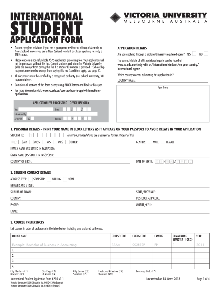  Application Form of Victoria University 2013