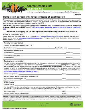 Completion Agreement Form Used by Apprentice, Employer and Training Organisation