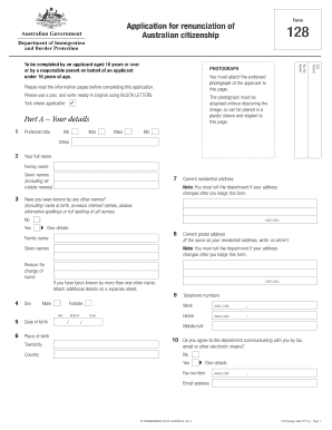 FORM 128 Application for Renunciation of Australian Citizenship Immi Gov