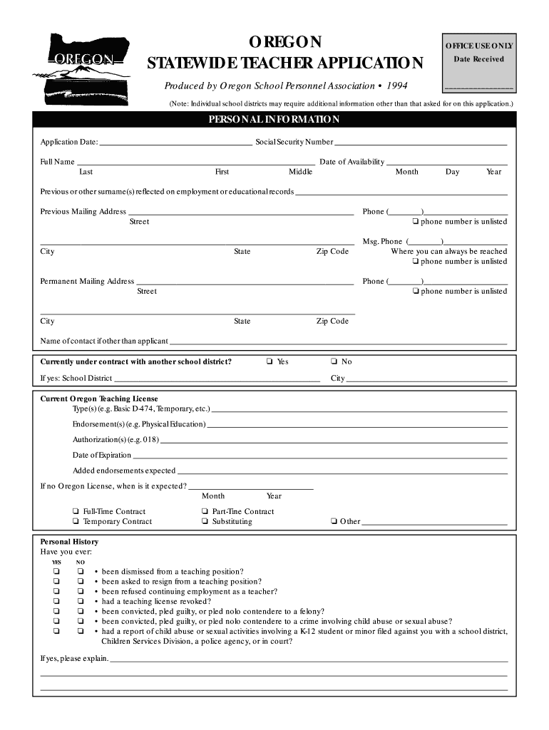  Oregon Statewide Teacher Application 1994-2024