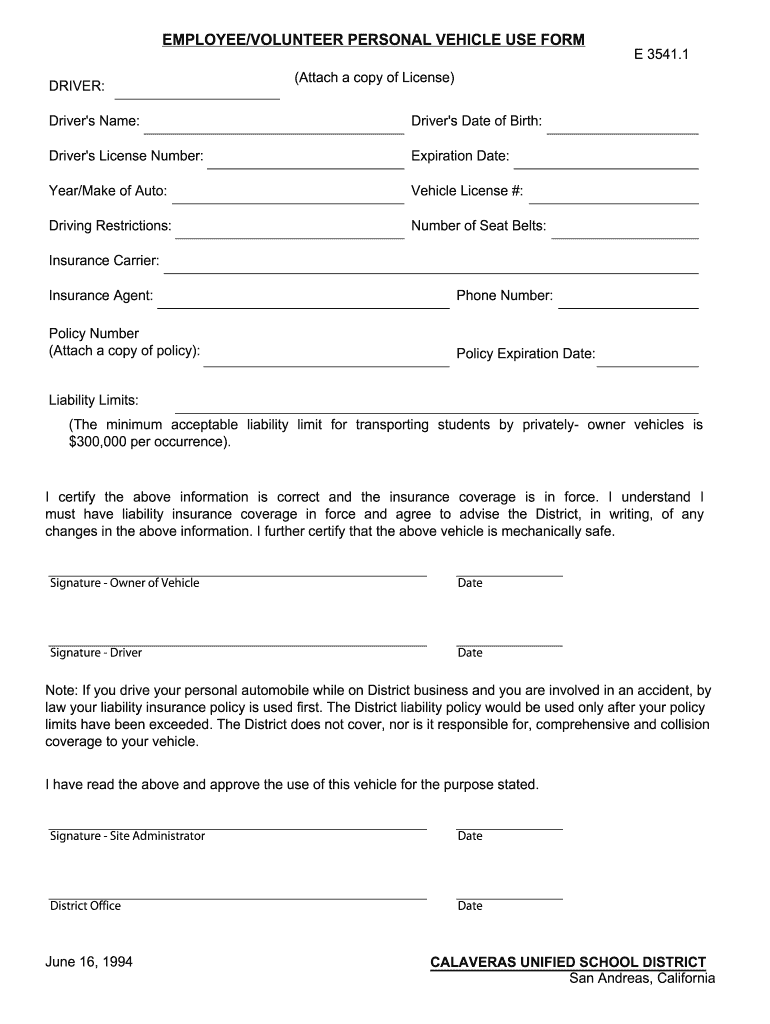 Employeevolunteer Personal Vehicle Use Form  Calaveras Unified