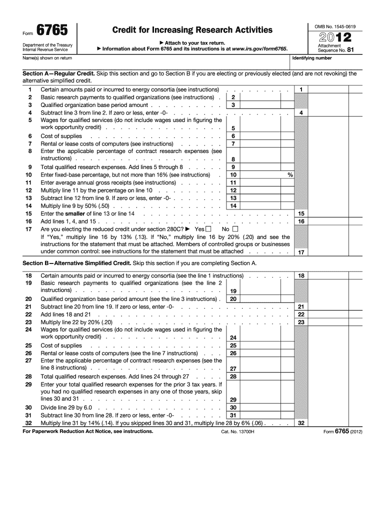  Form 6765 Internal Revenue Service 2012