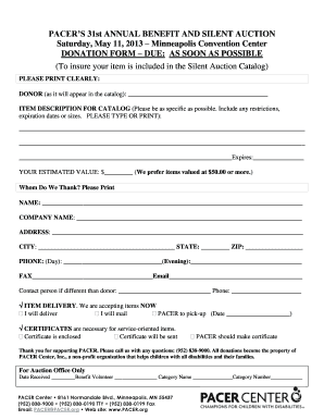 Silent Auction Form Donation Form Fillable