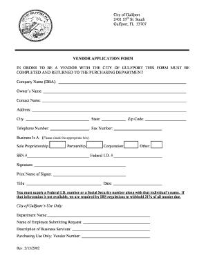 Vendor Application City of Gulfport, Florida  Form