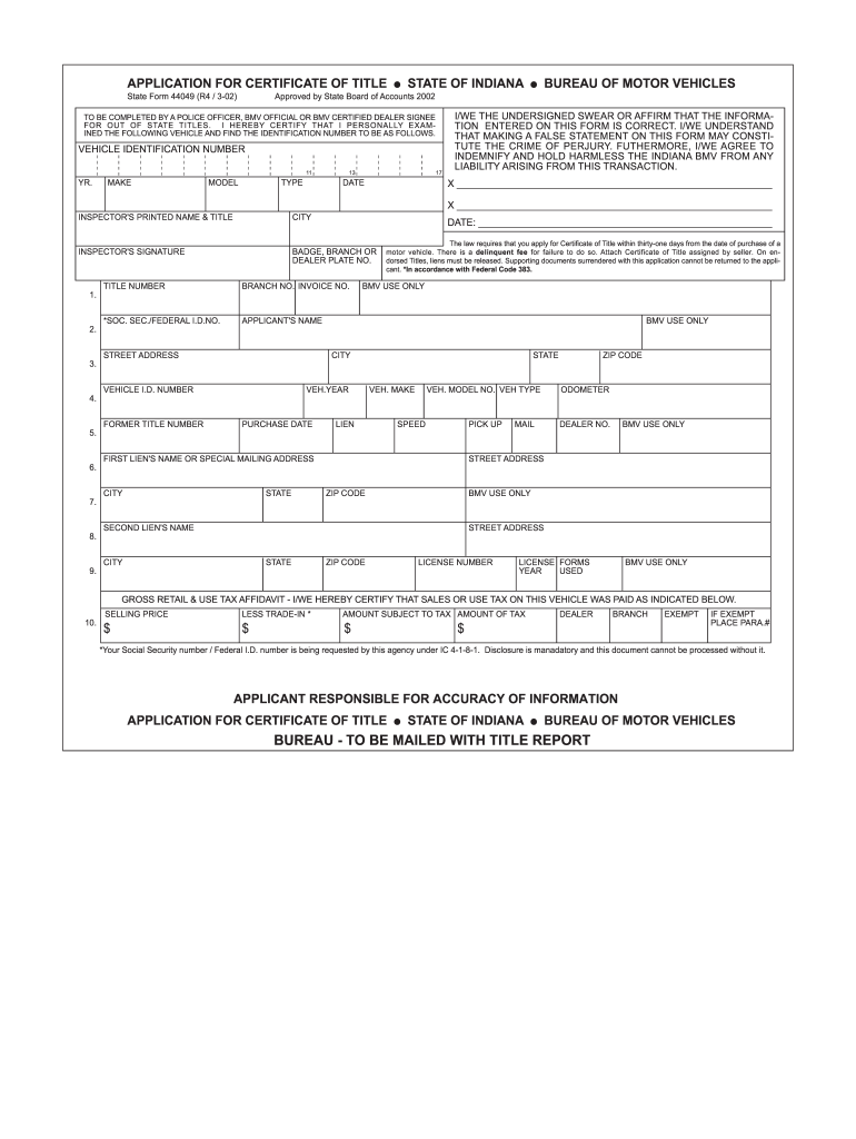 Get and Sign Indiana Title Application 2002-2022 Form