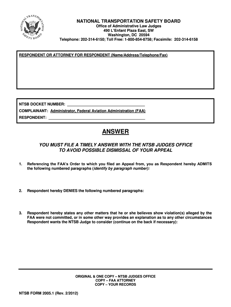  Answer to Complaint FAA&#39;s Order NTSB Form 1  National    Ntsb 2012-2024