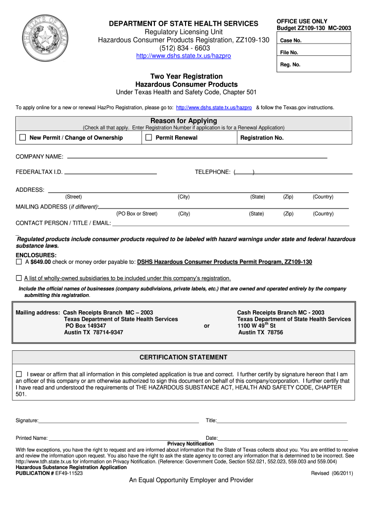 Get and Sign Two Year Registration Hazardous Consumer Products  Texas    Dshs State Tx 2011-2022 Form