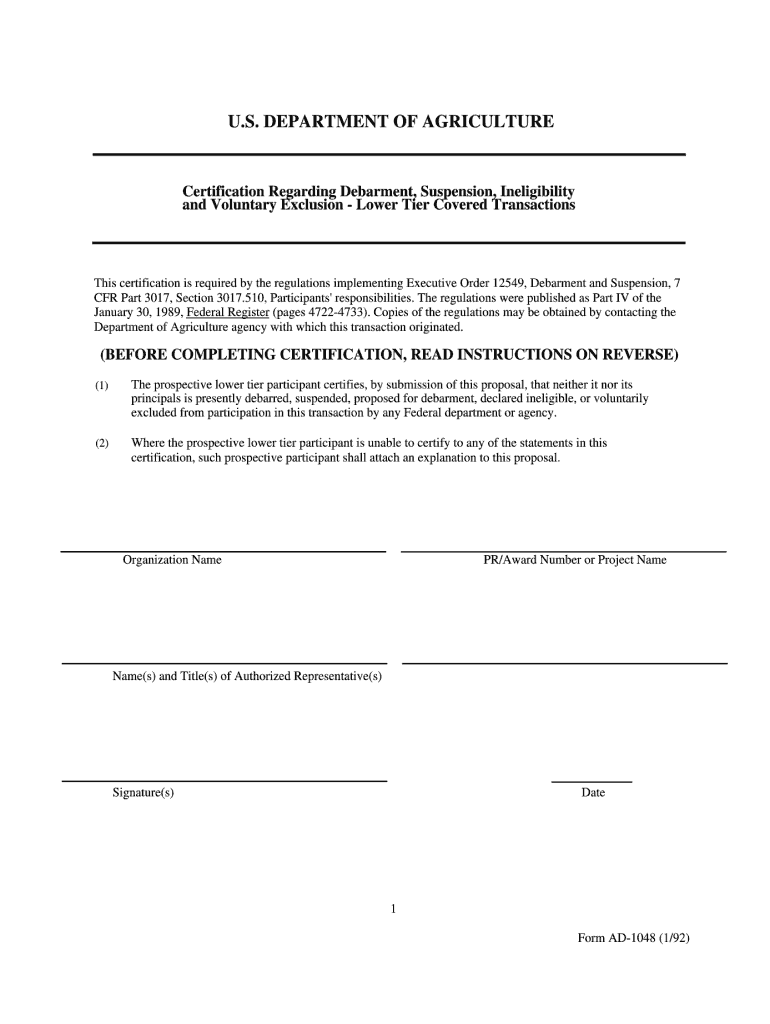 Get and Sign Form AD 1048  US Department of Agriculture 1992