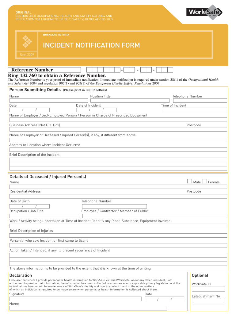 Incident Notification Form  WorkSafe Victoria  Worksafe Vic Gov 2009
