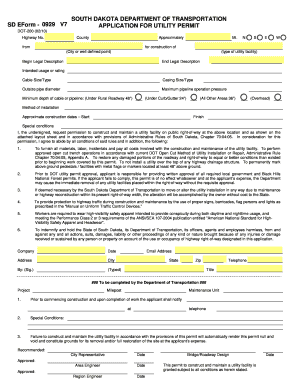 SOUTH DAKOTA DEPARTMENT of TRANSPORTATION DOT Application for Utility Permit State Sd  Form