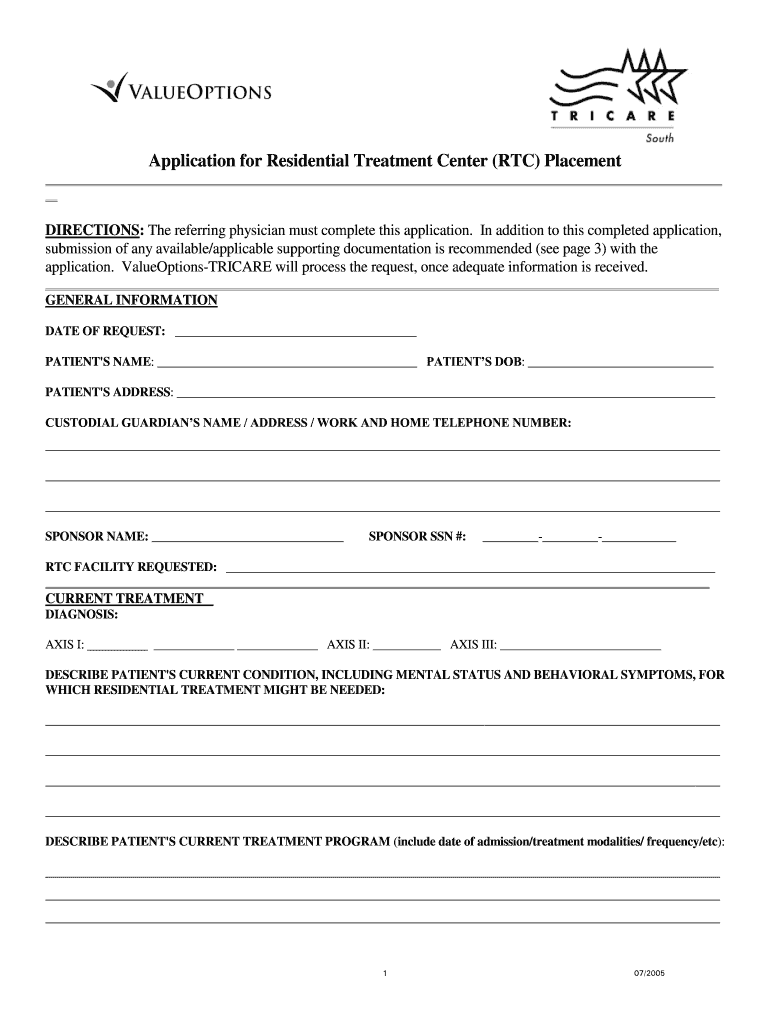  Tricare Residential Treatment Center Application  Form 2005