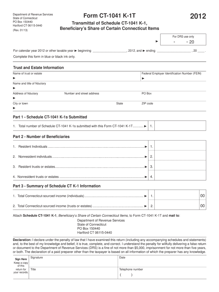 Form 1041 K 1t for State of Ct