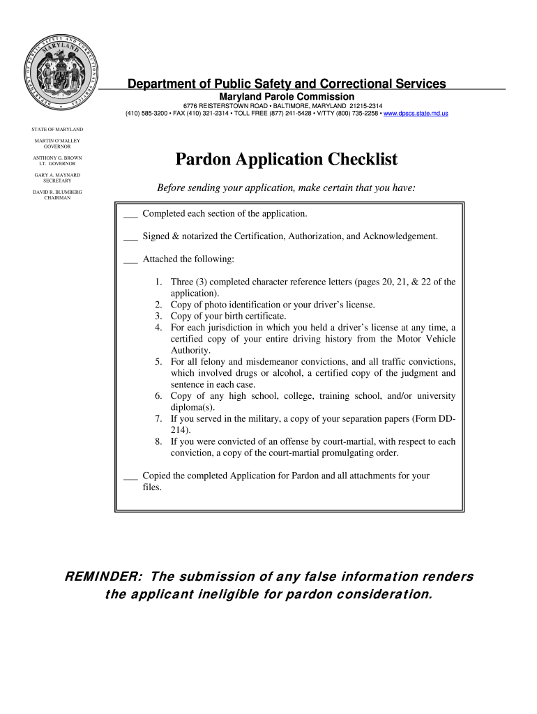  Maryland Pardon Application 2005-2024