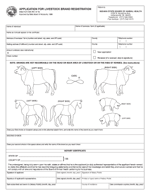 Application for Livestock Brand Registration State of Indiana in  Form