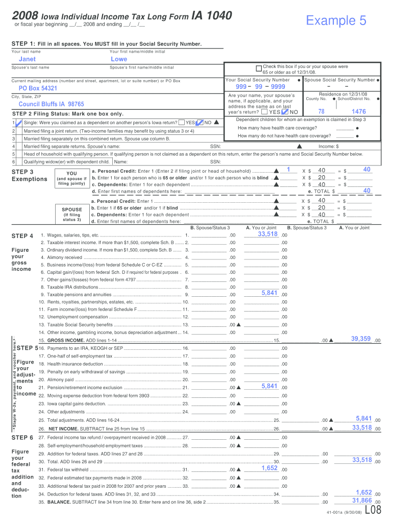 Iowa Individual Income Tax Long Form IA 1040 State of Iowa Iowa